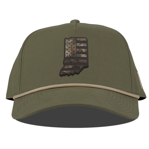 Indiana Timber Camo Patriot Curved Canvas 5 Panel Rope Vintage Loden