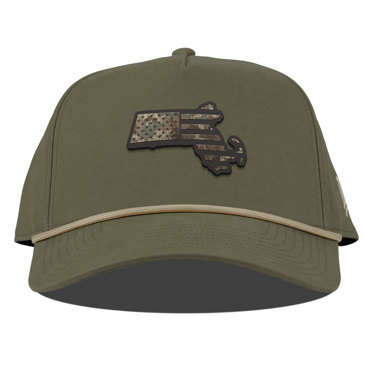 Massachusetts Timber Camo Patriot Curved Canvas 5 Panel Rope Vintage Loden