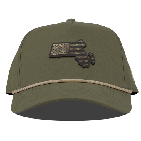 Massachusetts Timber Camo Patriot Curved Canvas 5 Panel Rope Vintage Loden