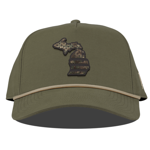 Michigan Timber Camo Patriot Curved Canvas 5 Panel Rope Vintage Loden