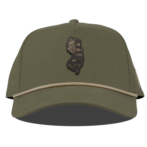 New Jersey Timber Camo Patriot Curved Canvas 5 Panel Rope Vintage Loden