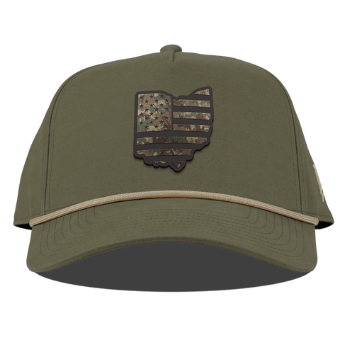 Ohio Timber Camo Patriot Curved Canvas 5 Panel Rope Vintage Loden