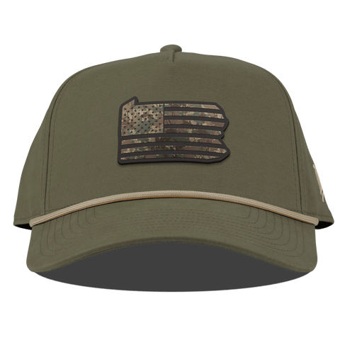 Pennsylvania Timber Camo Patriot Curved Canvas 5 Panel Rope Vintage Loden