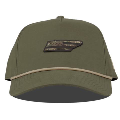 Tennessee Timber Camo Patriot Curved Canvas 5 Panel Rope Vintage Loden