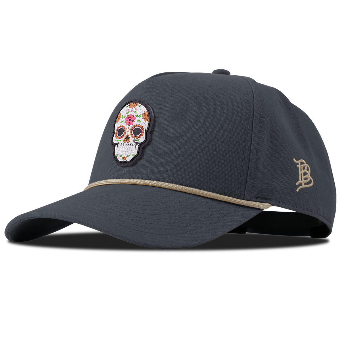 Flower Skull PVC Curved Canvas 5 Panel Rope Vintage Navy
