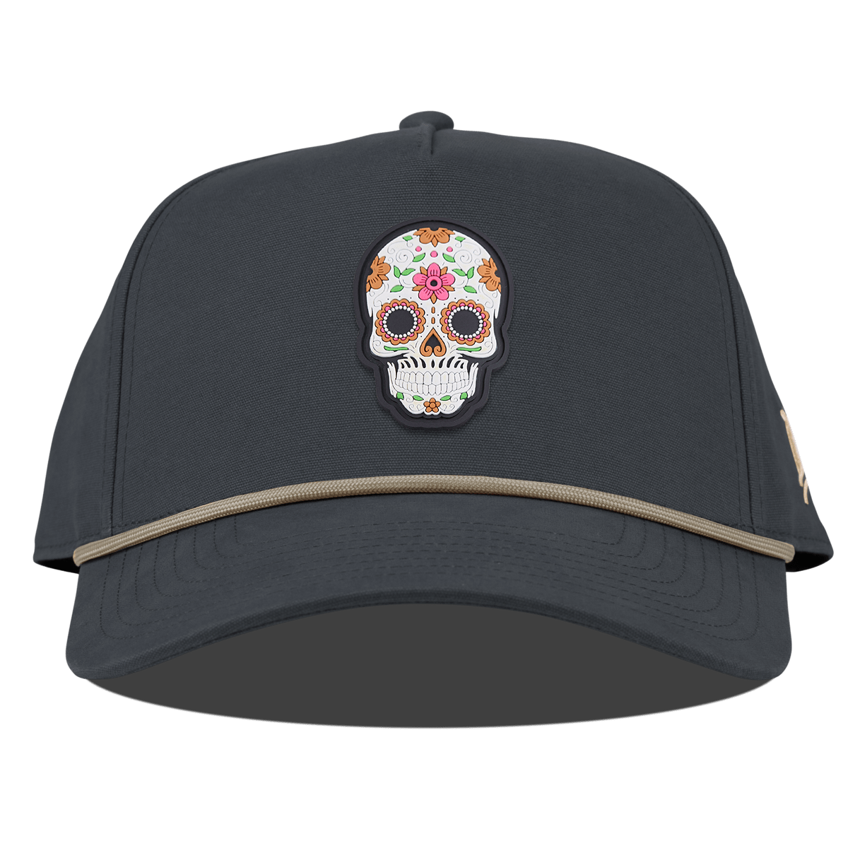 Flower Skull PVC Curved Canvas 5 Panel Rope Vintage Navy