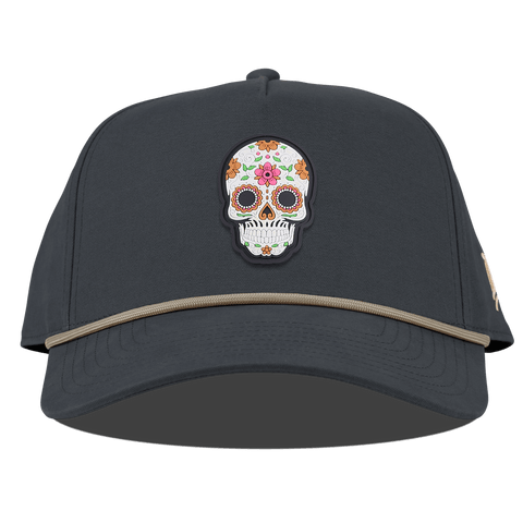 Flower Skull PVC Curved Canvas 5 Panel Rope Vintage Navy