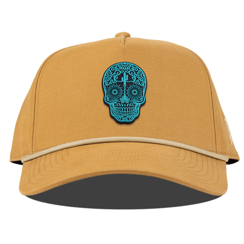 Turquoise Skull PVC Curved Canvas 5 Panel Rope Wheat