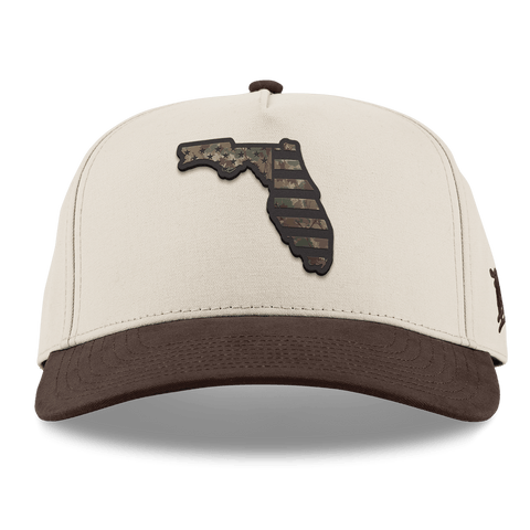 Florida Timber Camo Patriot Curved 5 Panel Canvas Beige/Vintage Brown Back