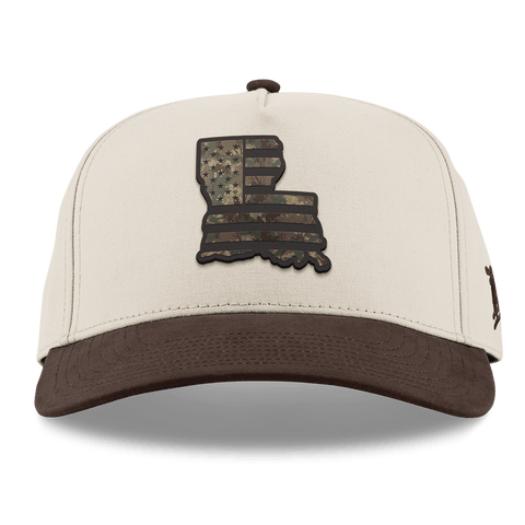 Louisiana Timber Camo Patriot Curved 5 Panel Canvas Beige/Vintage Brown Back