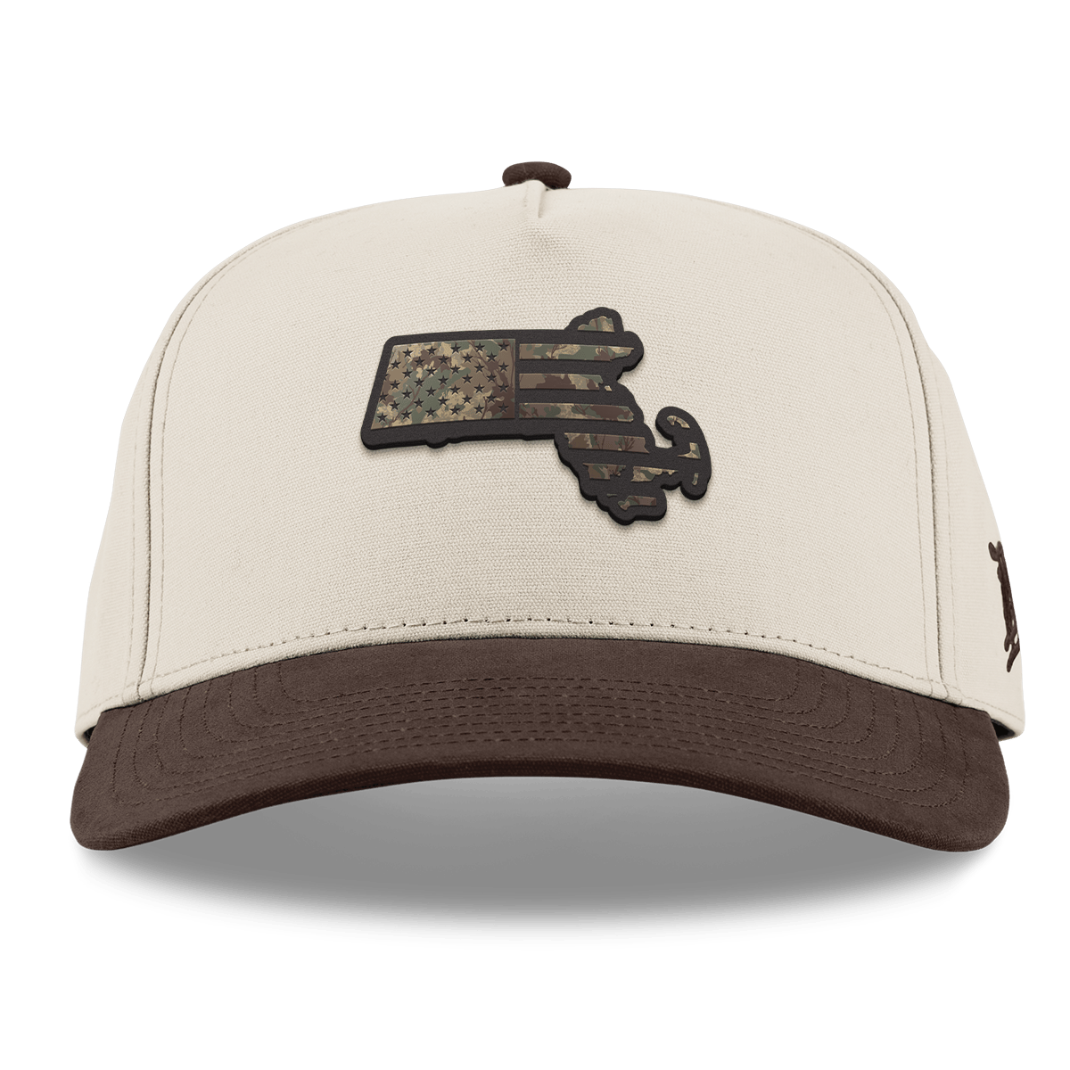 Massachusetts Timber Camo Patriot Curved 5 Panel Canvas Beige/Vintage Brown Back