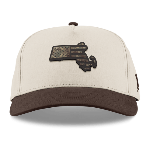Massachusetts Timber Camo Patriot Curved 5 Panel Canvas Beige/Vintage Brown Back