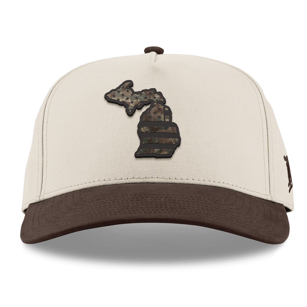 Michigan Timber Camo Patriot Curved 5 Panel Canvas Beige/Vintage Brown Back