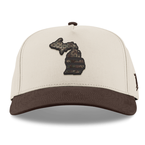 Michigan Timber Camo Patriot Curved 5 Panel Canvas Beige/Vintage Brown Back