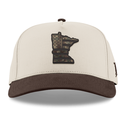 Minnesota Timber Camo Patriot Curved 5 Panel Canvas Beige/Vintage Brown Back