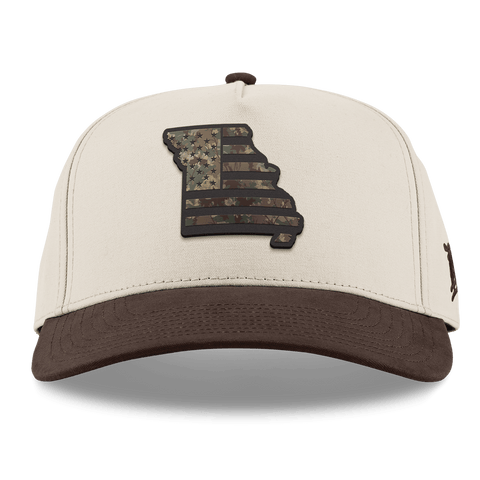 Missouri Timber Camo Patriot Curved 5 Panel Canvas Beige/Vintage Brown Back