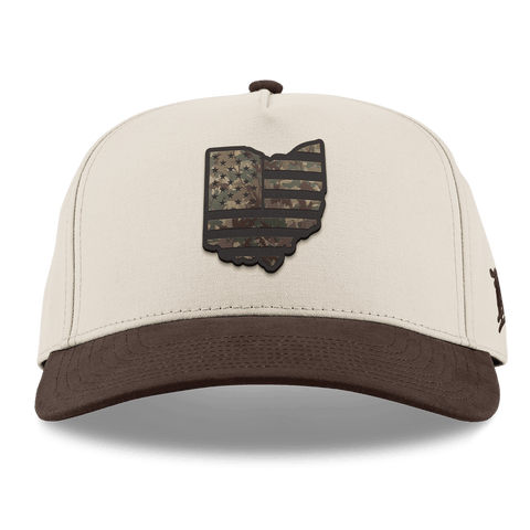 Ohio Timber Camo Patriot Curved 5 Panel Canvas Beige/Vintage Brown Back