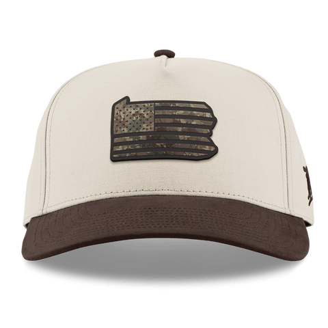 Pennsylvania Timber Camo Patriot Curved 5 Panel Canvas Beige/Vintage Brown Back