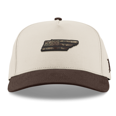 Tennessee Timber Camo Patriot Curved 5 Panel Canvas Beige/Vintage Brown Back
