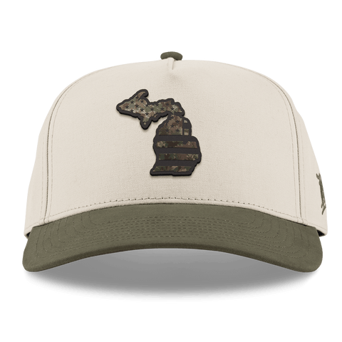 Michigan Timber Camo Patriot Curved 5 Panel Canvas Beige/Vintage Loden