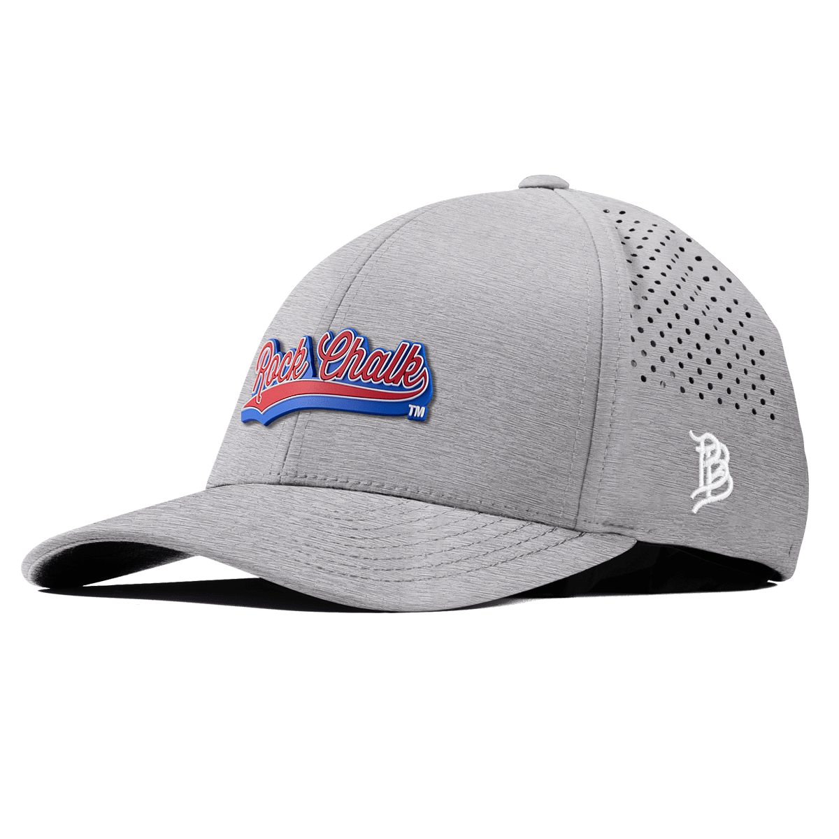 University of Kansas KU "Rock Chalk Red and Blue Script" Curved Performance Heather Gray
