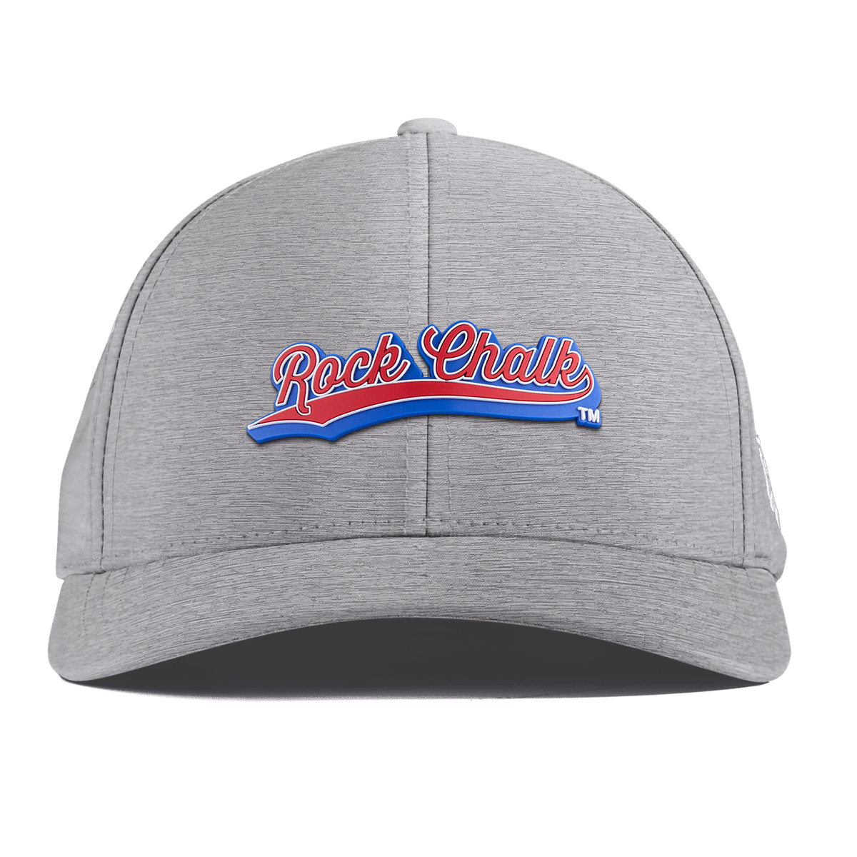 University of Kansas KU "Rock Chalk Red and Blue Script" Curved Performance Heather Gray