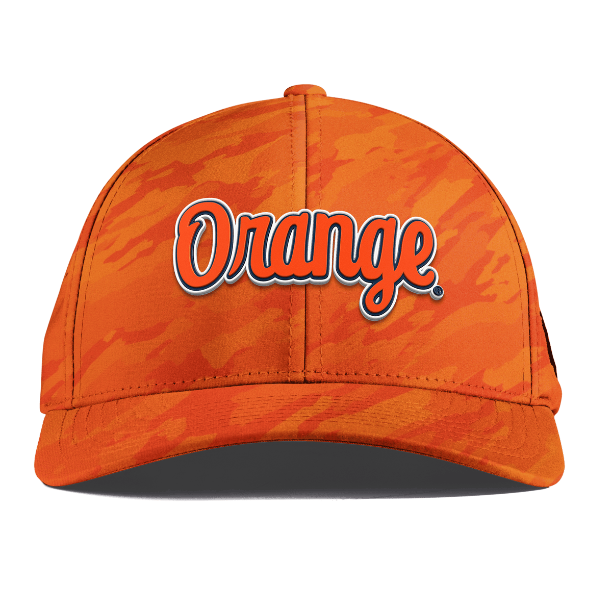 Syracuse University "Orange Throwback Script" Curved Performance Blaze Orange Camo