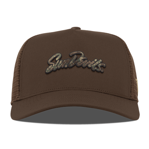 Arizona State University "ASU Sun Devils Timber Camo Script" Curved 5 Panel Trucker Brown