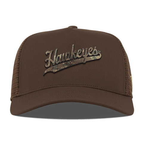 University of Iowa "Iowa Hawkeyes Timber Camo Script" Curved 5 Panel Trucker Brown