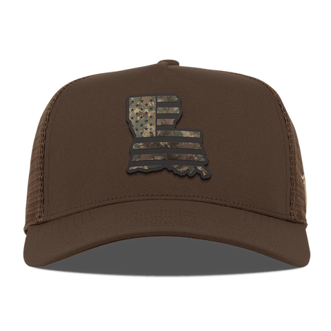 Louisiana Timber Camo Patriot Curved 5 Panel Trucker Brown