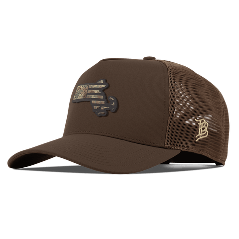 Massachusetts Timber Camo Patriot Curved 5 Panel Trucker Brown
