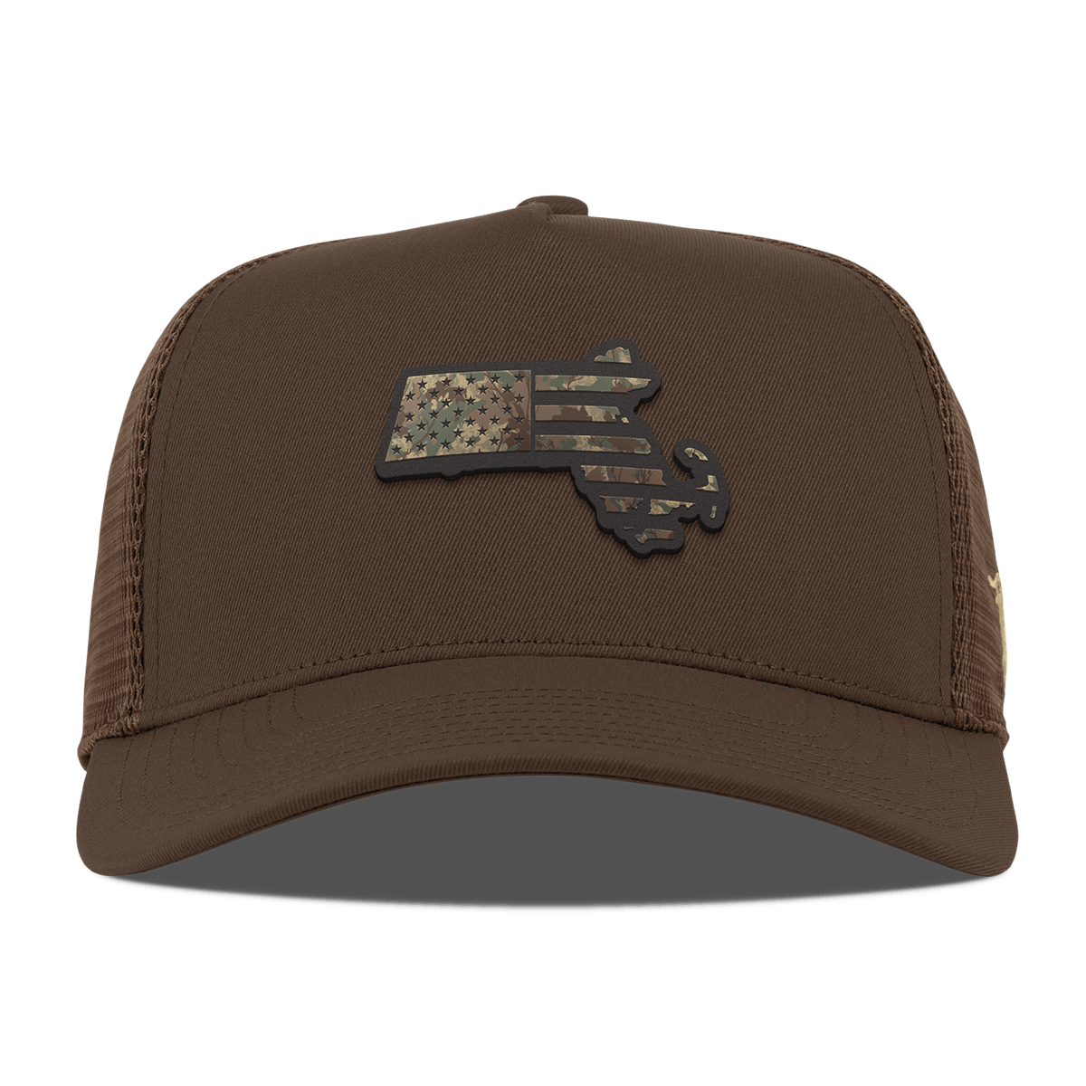 Massachusetts Timber Camo Patriot Curved 5 Panel Trucker Brown