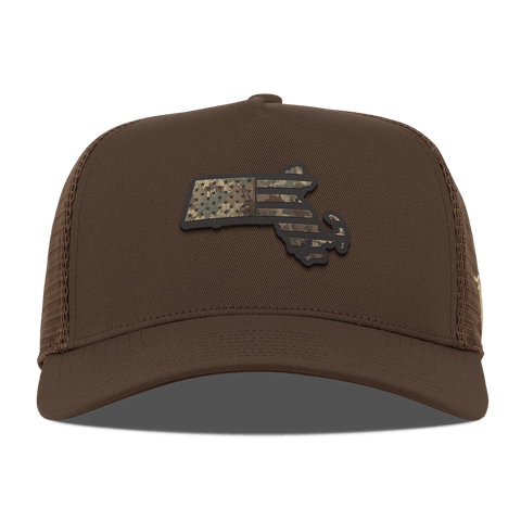 Massachusetts Timber Camo Patriot Curved 5 Panel Trucker Brown