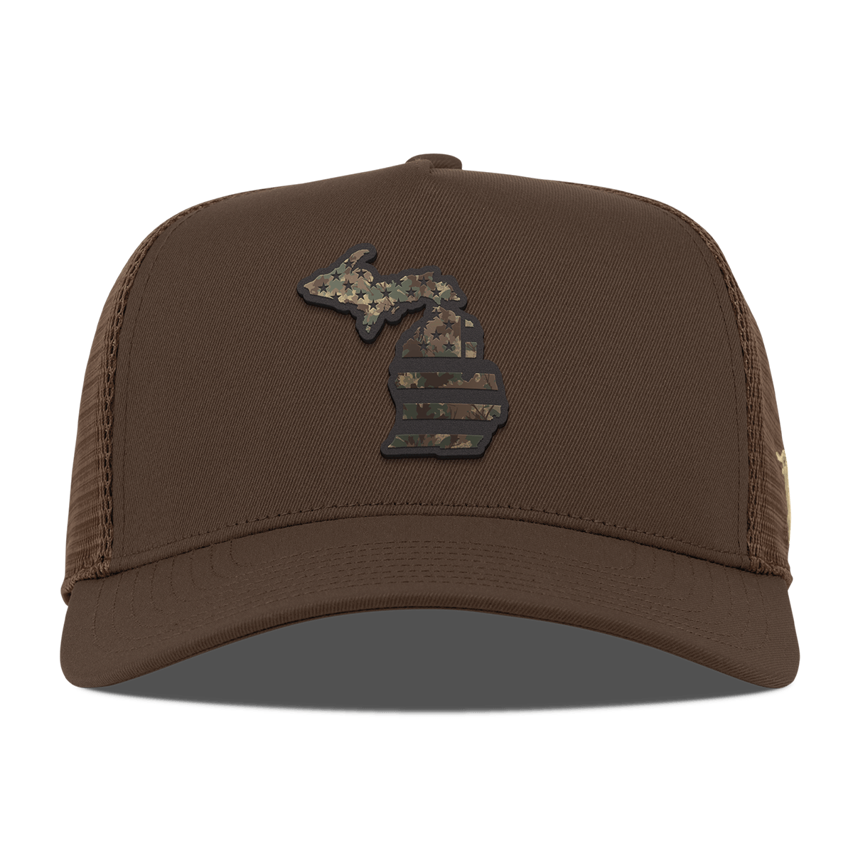 Michigan Timber Camo Patriot Curved 5 Panel Trucker Brown