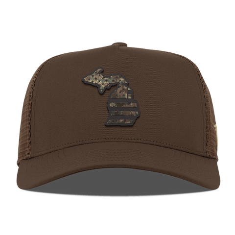 Michigan Timber Camo Patriot Curved 5 Panel Trucker Brown