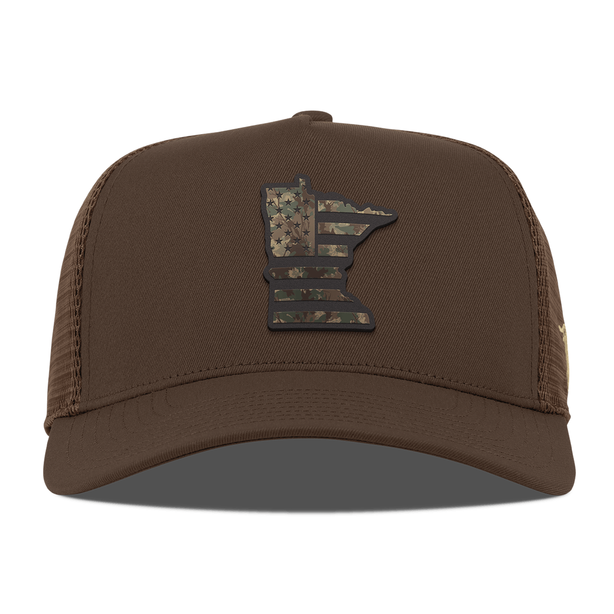 Minnesota Timber Camo Patriot Curved 5 Panel Trucker Brown