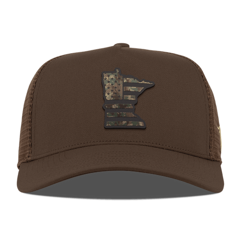 Minnesota Timber Camo Patriot Curved 5 Panel Trucker Brown
