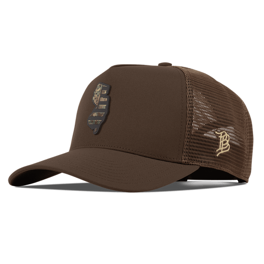 New Jersey Timber Camo Patriot Curved 5 Panel Trucker Brown