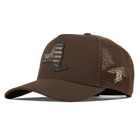 New York Timber Camo Patriot Curved 5 Panel Trucker Brown