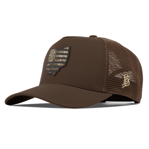 Ohio Timber Camo Patriot Curved 5 Panel Trucker Brown