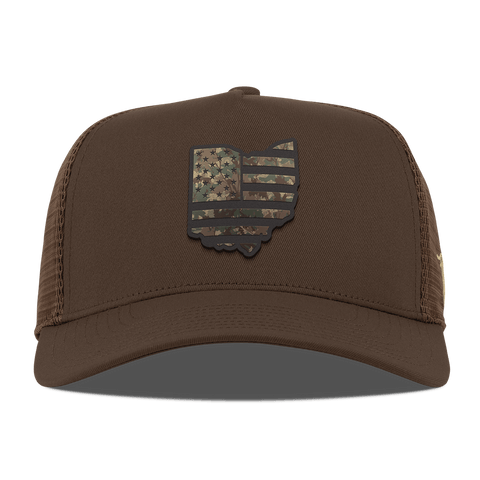Ohio Timber Camo Patriot Curved 5 Panel Trucker Brown