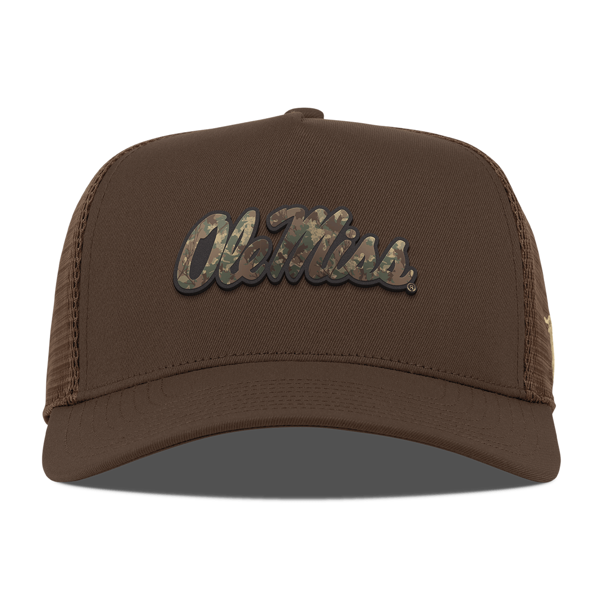 University of Mississippi "Ole Miss Timber Camo Script" Curved 5 Panel Trucker Brown
