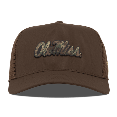 University of Mississippi "Ole Miss Timber Camo Script" Curved 5 Panel Trucker Brown