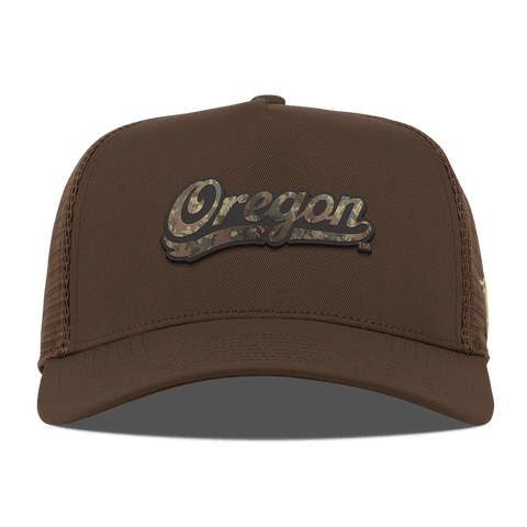 University of Oregon "Oregon Timber Camo Script" Curved 5 Panel Trucker Brown