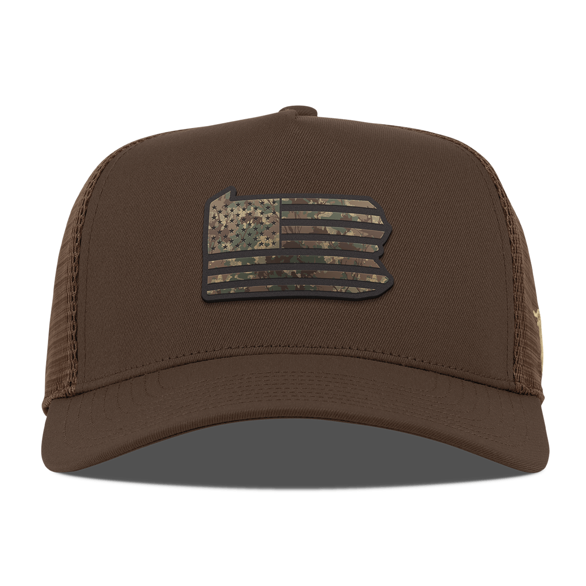 Pennsylvania Timber Camo Patriot Curved 5 Panel Trucker Brown