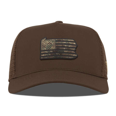 Pennsylvania Timber Camo Patriot Curved 5 Panel Trucker Brown
