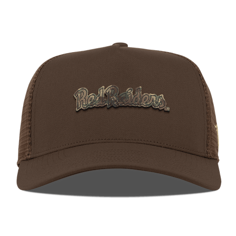 Texas Tech University "Red Raiders Timber Camo Script" Curved 5 Panel Trucker Brown