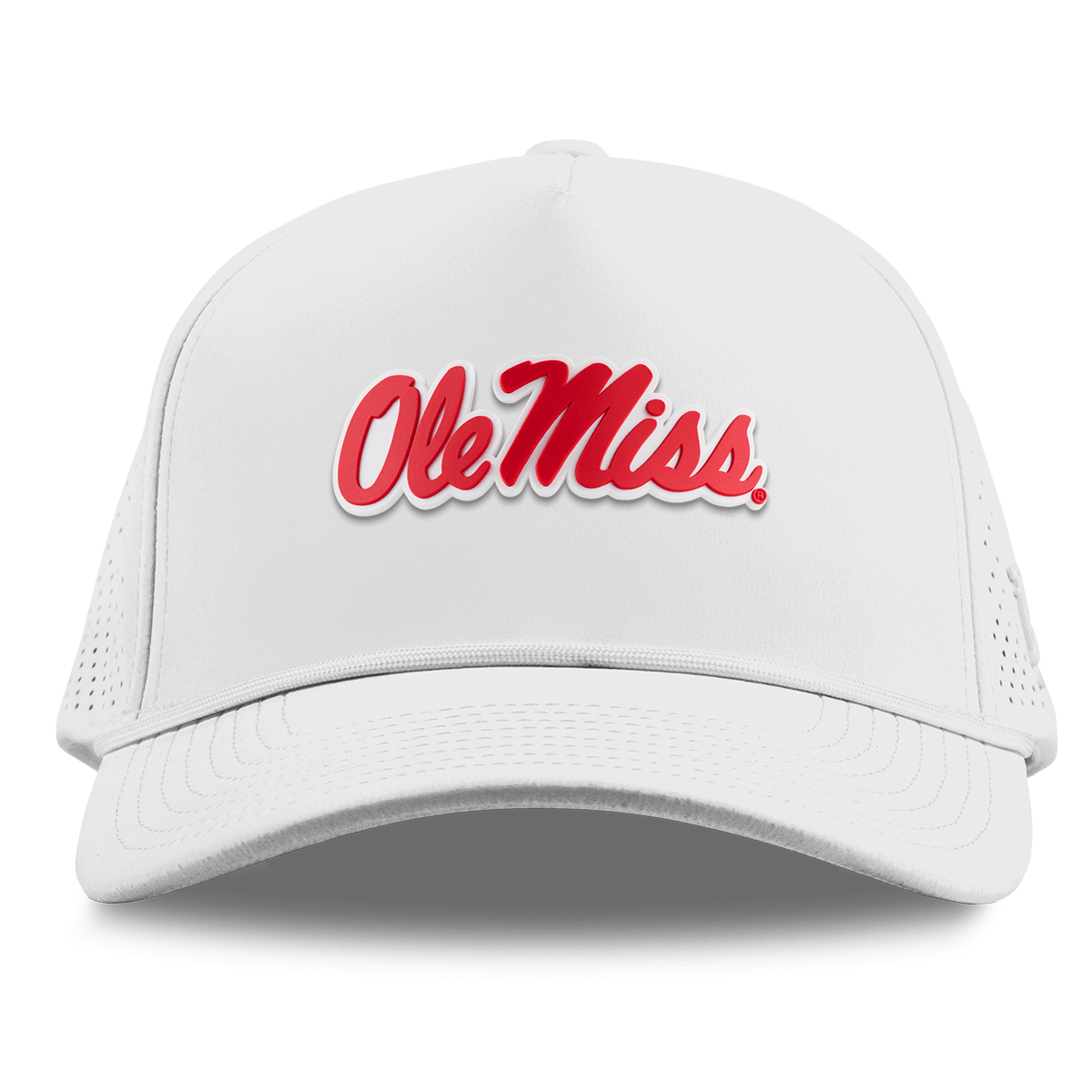 University of Mississippi "Ole Miss Crimson Script" Curved Elite XGen™ 5 Panel Rope White
