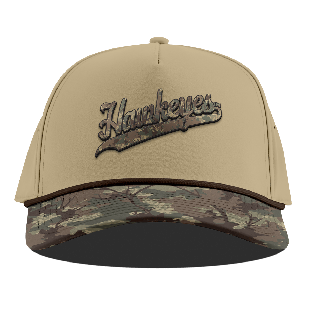 University of Iowa "Iowa Hawkeyes Timber Camo Script" Curved 5 Panel Rope Desert/Timber Camo