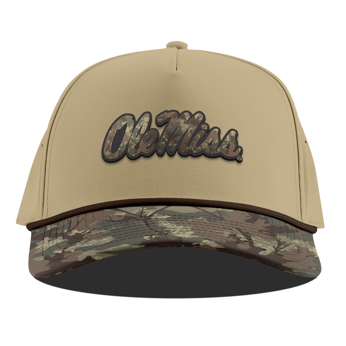 University of Mississippi "Ole Miss Timber Camo Script" Curved 5 Panel Rope Desert/Timber Camo
